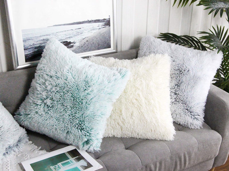 Uhomy Fluffy Accent Pillows Cover 18"x18", Soft Green Ombre Faux Fur Throw Pillow Case, Modern Luxury Decorative Square Cushion Cover for Farmhouse Home Decor for Sofa/Bed/Chair, 45x45cm Single - Image 5